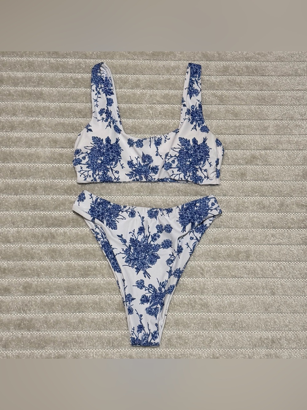 White & Blue Floral Scoop Bikini Top and High-Leg Bottom - Women Swim